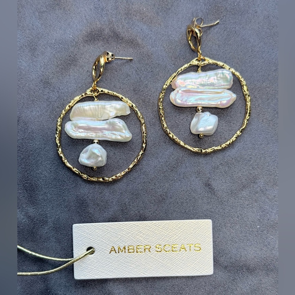 Amber Sceats 24k Plated Gold Hoop Earrings  Iridescent White Freshwater Pearls
